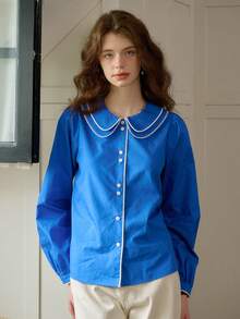 Simple Retro Áo sơ mi thường ngày ve kép ren Clashing dành cho nữ - Màu xanh lam - Xem 5