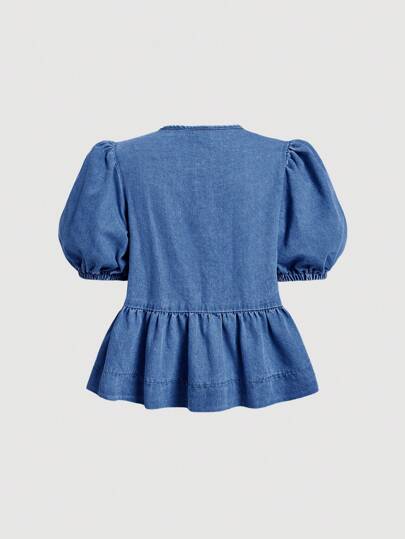 SHEIN MOD 90年代复古风女装圆领甜美蓝色短泡泡袖牛仔上衣，适合返校、秋季、返校节、生日等场合。
