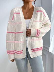 女式休闲落肩开衫，简约柔和条纹图案，秋冬 - 彩色 - 查看 7