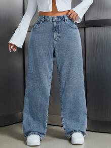 SHEIN ICON Jeans casuales sueltos de novio con botones delanteros, bolsillos y bordados con moño para mujer talla grande - Neblina azul - Ver 2