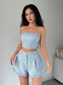 Chiquease 2 件套女士休闲格子短款抹胸和褶皱短裤套装，夏季 - 彩色 - 查看 1