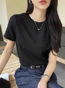 Dazy Star Camiseta de manga corta de cuello redondo de unicolor para mujer, verano - Negro - Ver 2