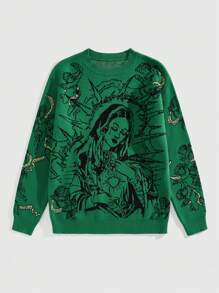 ROMWE MEN Street Life 男士圆领印花针织套头毛衣，秋冬款 - 綠色 - 查看 1