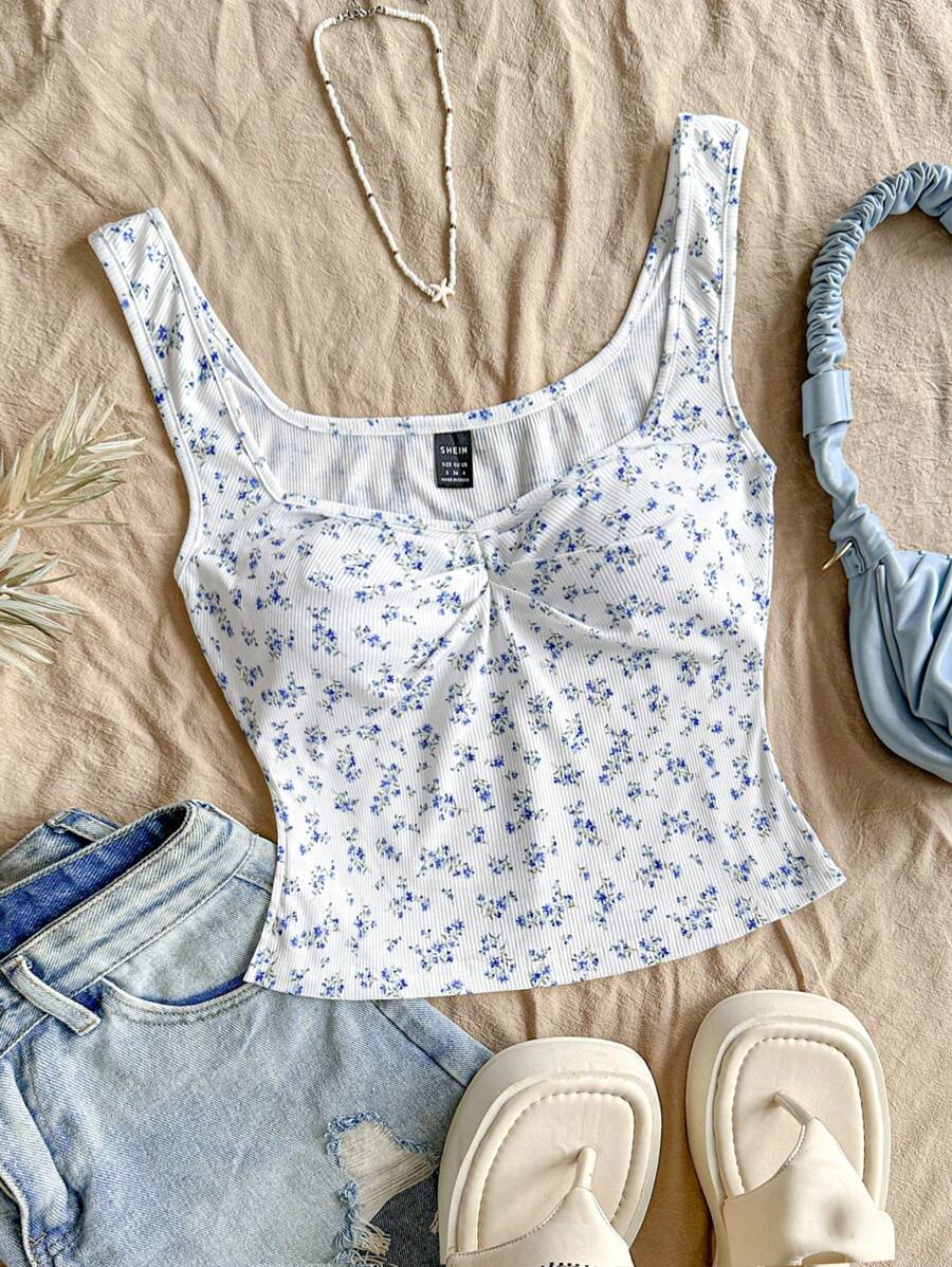 Soleia 女士度假风格蓝白花卉针织面料方领前扭褶侧开衩基本款婚礼季节海滩西部度假音乐节夏季波西米亚风吊带背心上衣 - 藍白色 - 查看 1