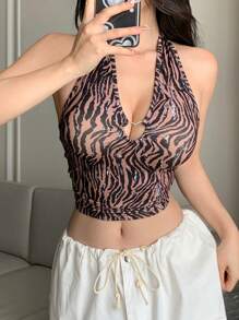 DAZY Women's Leopard Print Halter Crop Top Festival Outfits - Mocha Brown - View 1