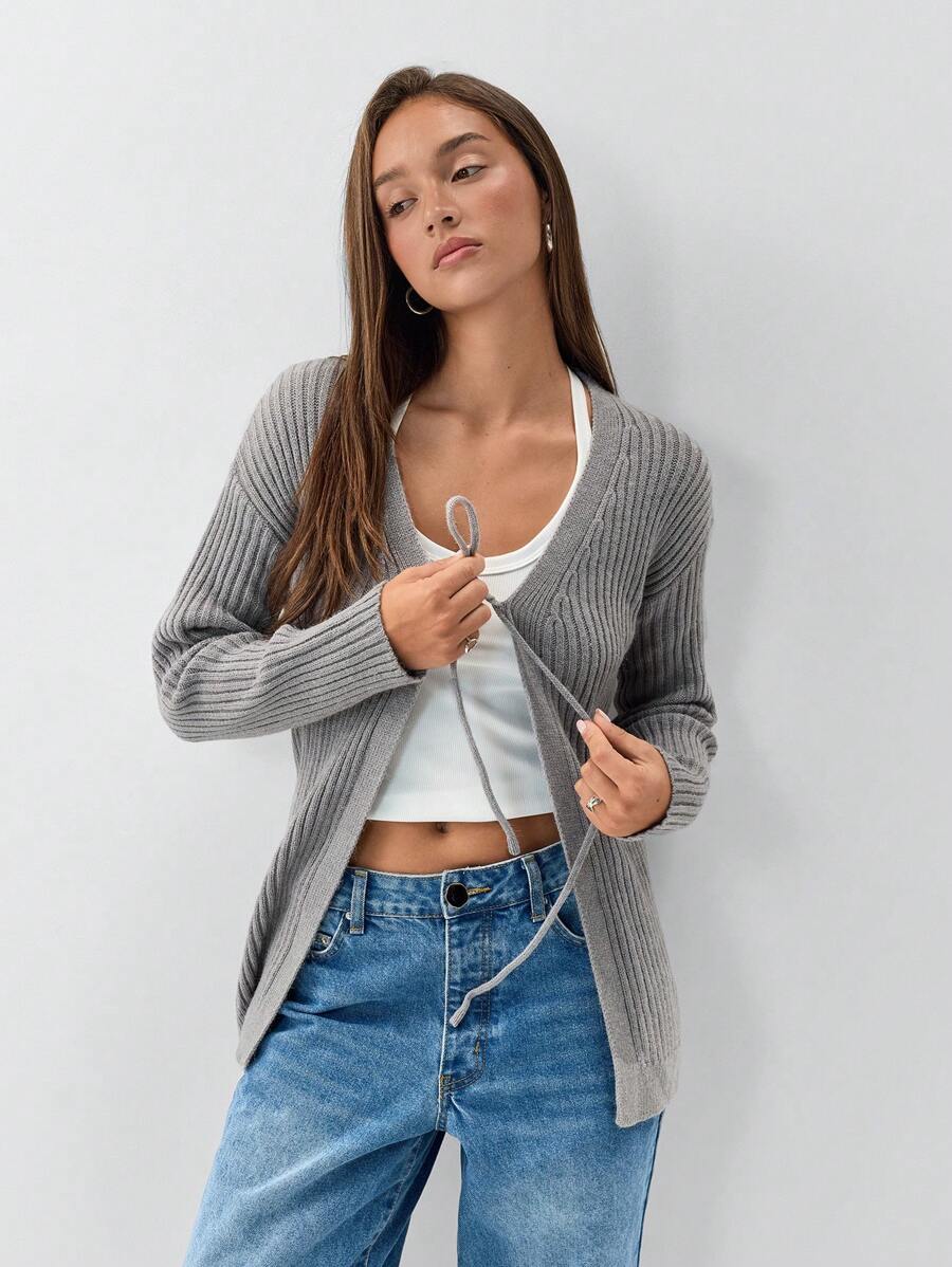 SHEIN Unity 1 件女士休闲简约抽绳纹理针织开衫，灰色，秋冬 - 灰色 - 查看 1