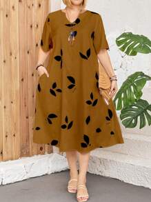 大码优雅叶子缺口领短袖连衣裙女装，适合夏季 - 彩色 - 查看 3