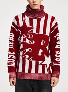 ROMWE MEN Street Life Herren lässiger Farbblock Streifenmuster Rollkragenpullover, Herbst & Winter