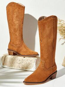 Styleloop Women's Western Style Retro Knee-High Boots - Brown - View 3