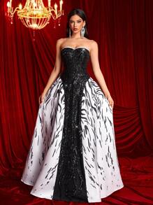 SHEIN Belle Váy dài chữ A in họa tiết ombre bằng vải satin chắp vá màu đen và trắng thanh lịch, phong cách cung điện cho tiệc, đám cưới, vũ hội, váy sự kiện cưới, váy dạ hội trang trọng, cho khách dự tiệc cưới, tốt nghiệp, tiệc tối - Đen và trắng - Xem 4