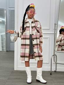 Slaydiva Tween Girl Plaid Print Long Sleeve Casual Jacket, Fall/Winter - Multicolor - View 6