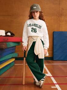 SHEIN Explorewe 2 件 Tween Girl 数码印花连帽衫和拼色阔腿运动裤套装，街头休闲风格 - 玫紅色 - 查看 6