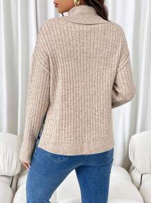 SHEIN Maternity Autumn/Winter Ribbed Knit Mock Neck Pullover Long Sleeve Sweater, With Side Slit - Brown - View 2