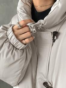 FRIFUL Áo khoác có dây rút màu trơn thường ngày mùa đông cho nữ có cổ áo dài có đệm - trắng - Xem 10