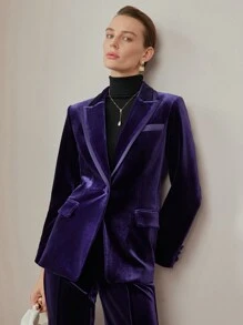 MOTF PREMIUM 天鹅绒尖领纯色单纽扣西服外套 - 藍色 - 查看 4