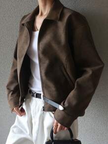 DAZY Women's Loose Zipper, Stand Collar Pockets Regular Jacket,Fall Women Clothes Leather Jacket Women Coats - Brown - View 3