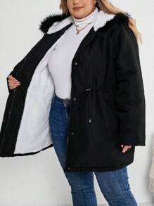 SHEIN CURVE+ Abrigo acolchado con capucha de color sólido y cordón a la cintura, talla grande, para invierno