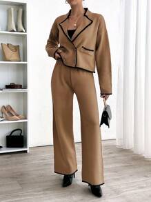 RueChic Woman Pocket And Ruffle Detailed Contrast Cardigan And Sweater Pants Sweater Co-Ords Comfy Warm Set - Camel - View 6