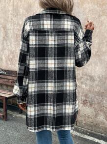 SHEIN LUNE Retro Plaid Woolen Casual Shirt-Style Jacket For Women With Collar, Button, Pockets, Asymmetrical Hemline, Elegant Look For Commuting & Going Out In Autumn And Winter