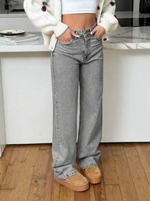 EURMUSE Women High Rise Zipper Fly Straight Leg Jeans - Light Grey - View 5