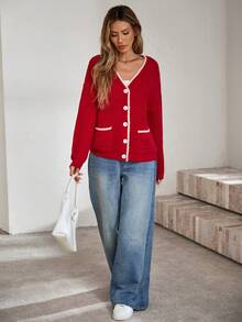 Women's Casual Loose Cardigan With Dropped Shoulders, Long Sleeves, Autumn/Winter - Red - View 3