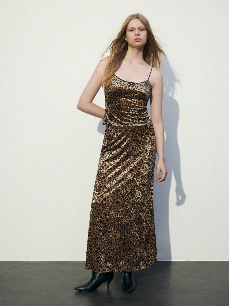 SHEIN Maija 2 pièces Ensemble mode pour femmes, Top camisole à imprimé léopard Y2K et jupe longue midi