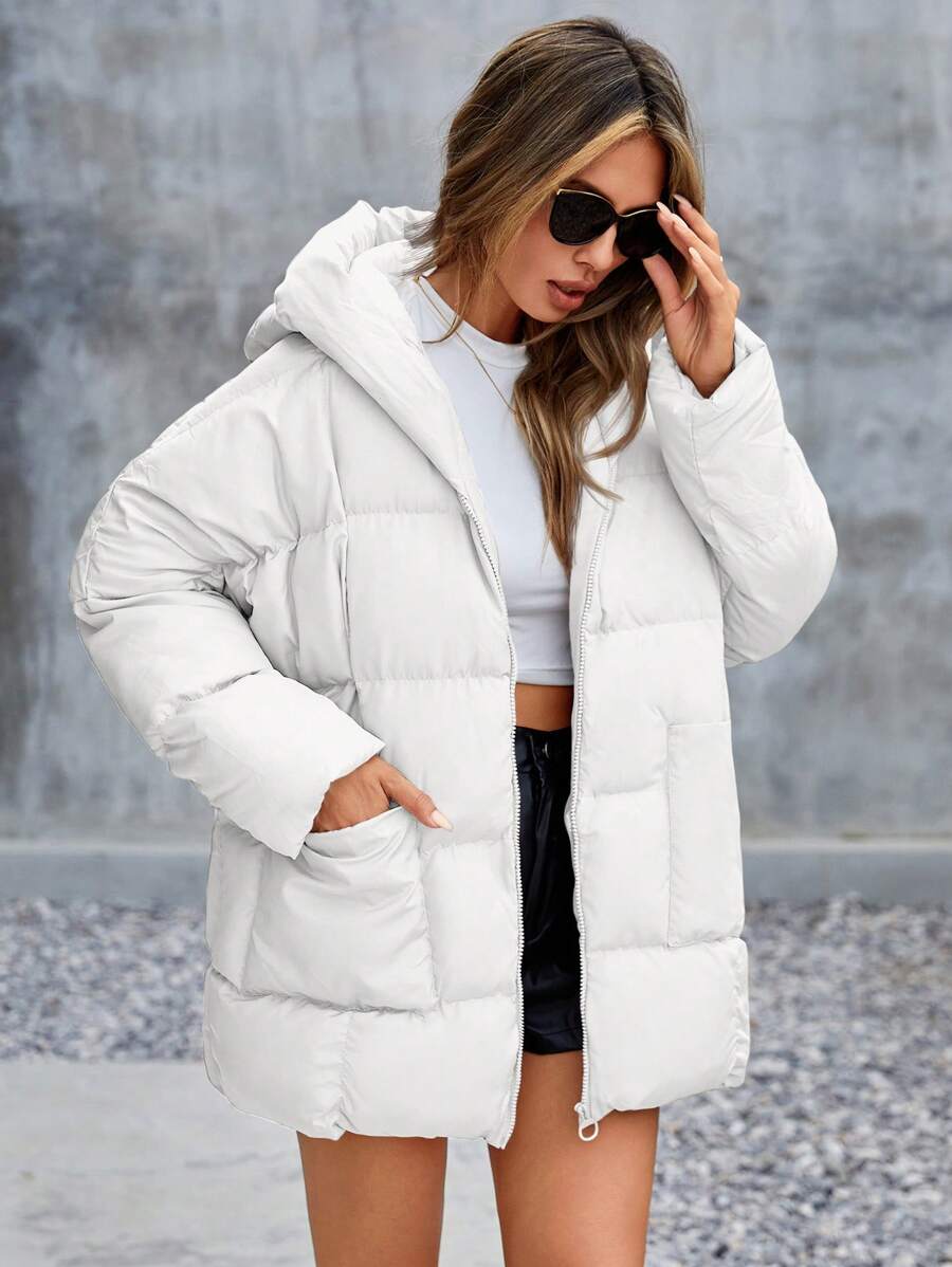 RueChic Zip Up Hooded Padded Coat - White - View 1