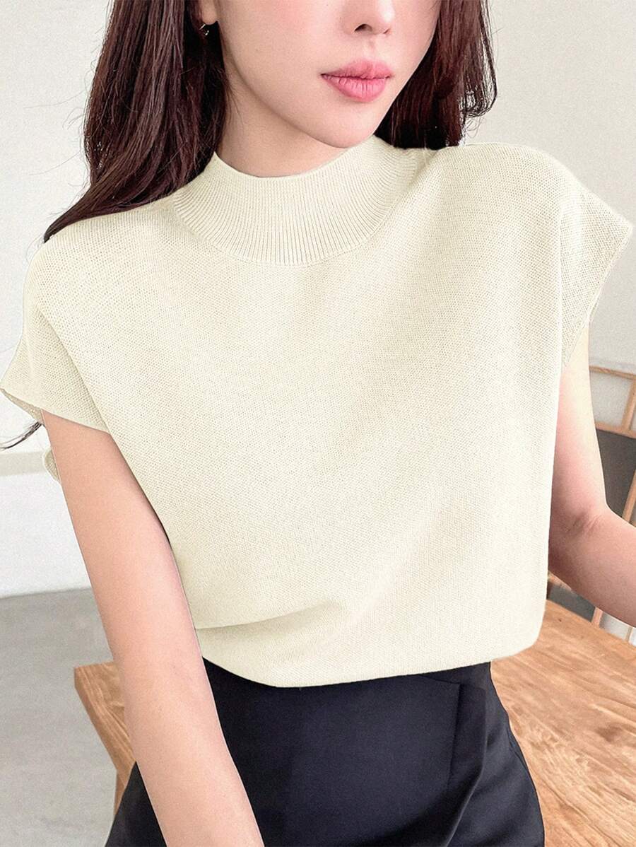 DAZY Women's Solid Color Half High Collar Batwing Sleeve Knit Top, Spring & Summer - Beige - View 1