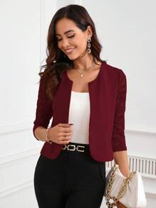 SHEIN Clasi 女士春秋纯色 3/4 袖前开短款优雅夹克 - 酒紅色 - 查看 6