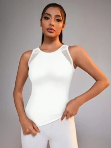 Powerista Women's Plain Hollow-Out Backside Daily Fitness Sports White Tank Women Top - White - View 5