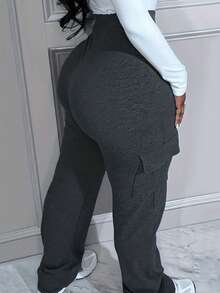 Plus Size Casual Minimalist Flap Pocket Solid Color Cargo Pants - Dark Grey - View 2