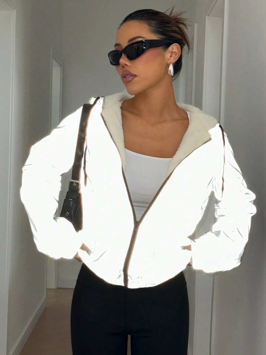 SHEIN EZwear 女式秋冬休闲双面连帽反光细节夹克 - 灰色 - 查看 1