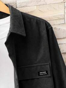 Manfinity Homme 男士休闲字母印花宽松长袖衬衫，春秋冬款 - 黑色 - 查看 4