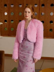 SHEIN MOD Women Pink Fluffy Short Jacket, Autumn-Padded Coat,Fur Coat,Homecoming - Baby Pink - View 1