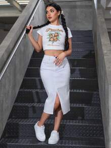 SHEIN Privé Plain Solid Color Slit Fitted Denim Skirt With Pockets Y2k - White - View 4