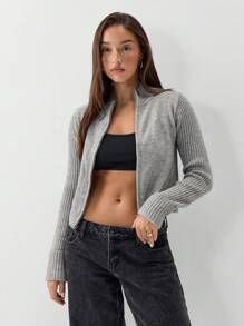 SHEIN Unity 1 件女士休闲灰色拉链立领短针织长袖开衫，百搭秋冬季 - 灰色 - 查看 6