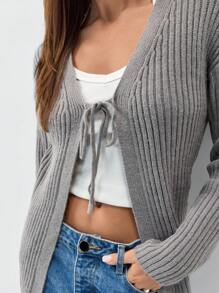 SHEIN Unity 1 件女士休闲简约抽绳纹理针织开衫，灰色，秋冬 - 灰色 - 查看 7