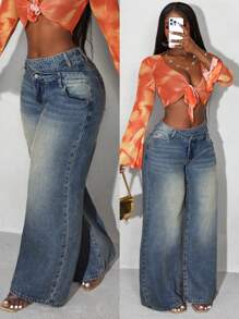 Slaydiva Women Asymmetric Waist Patch Pocket Loose Flared Leg Casual Denim Jeans - Medium Wash - View 4