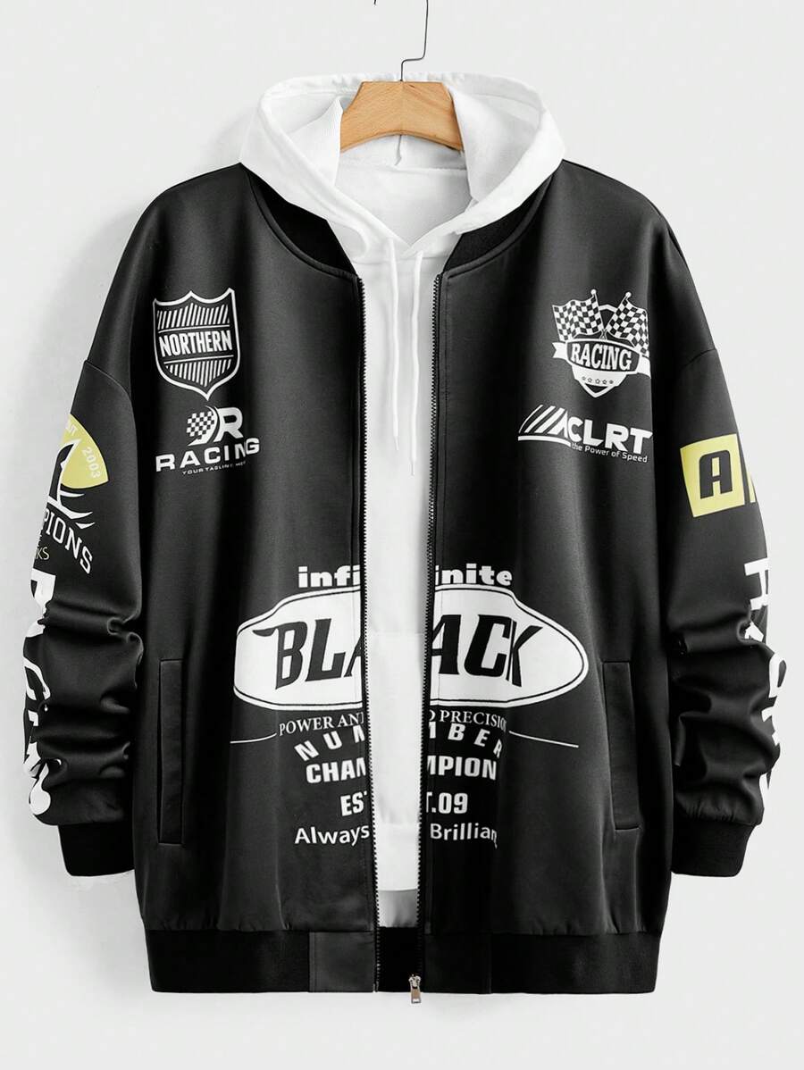 Manfinity Roughcore Chaqueta con cremallera y estampado de letra para hombre de talla grande - Blanco y Negro - Ver 1