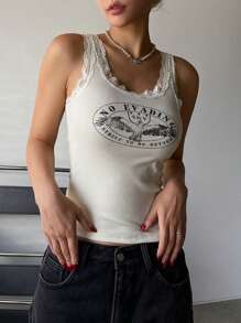 DAZY Casual Crew Neck Letter Print Tank Top Preppy Tops - Beige - View 4