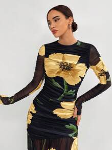 Aloruh Robe fleurie pour femmes à manches longues froncées, imprimé floral avec ourlet contrastant en maille, style romantique pour rendez-vous