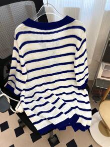 GlowEve CURVE Plus Size Color Block Striped Knitted Top, Spring & Autumn - Blue - View 2