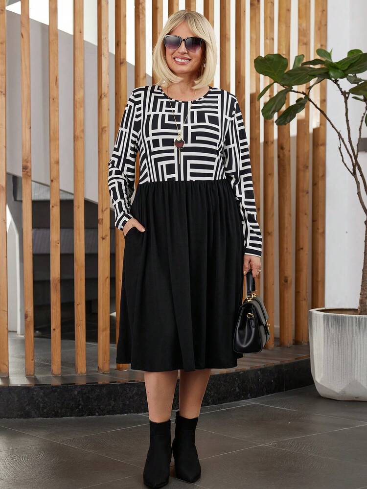 Plus Size Geometric Pattern Patchwork Pocket Crew Neck Long Sleeve Dress