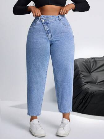 SHEIN SXY Големи размери Ежедневни асиметрични дънки със заострени крачоли, Есен