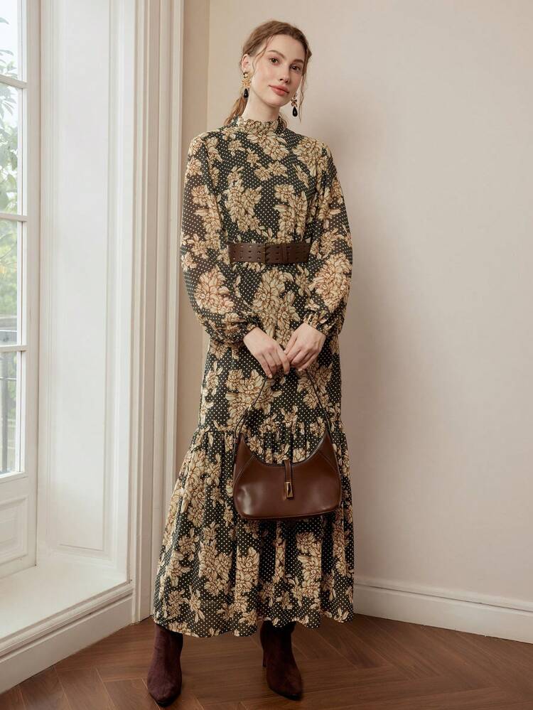 CHIFFON FLORAL AND POLKA DOT PRINT MOCK NECK LANTERN SLEEVE RUFFLE HEM BELTED LONG DRESS