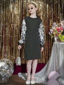 SHEIN Tween Girls Sequin Decor Long Sleeve Dress - Black - View 4