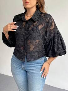 SHEIN Privé Áo sơ mi họa tiết cắt khoét cỡ lớn cho nữ, hàng mới về cho mùa thu trở lại trường - màu đen - Xem 9