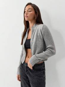 SHEIN Unity 1 件女士休闲灰色拉链立领短针织长袖开衫，百搭秋冬季 - 灰色 - 查看 3