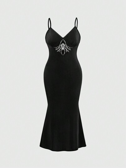 Plus Size Women Elegant Spider Web Print Fishtail Hem Slim Fit Spaghetti Strap Dress, For Winter