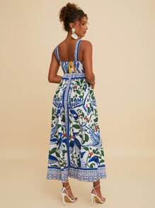 Travachic 女士蓝白花朵印花长裙、中长款女裙、秋季女裙、秋季女装、仙女芯连衣裙 - 藍色 - 查看 2